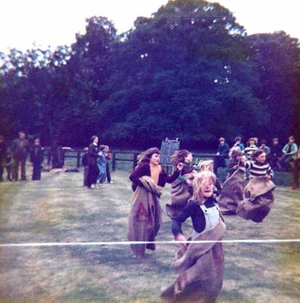 Garden fete sports sack race, Glebe Farm