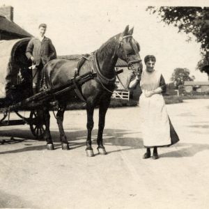 Mrs Mortimer & son outside Roebuck Inn