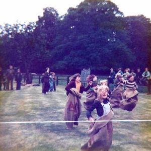 Garden fete sports sack race, Glebe Farm